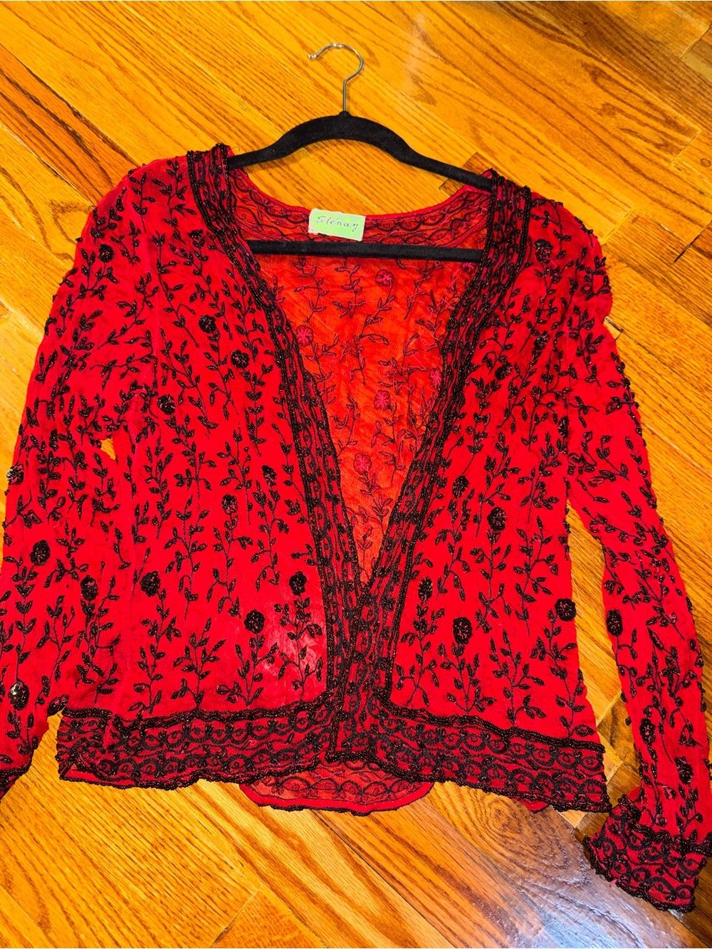 Stenay Red Open-Front Sweater Cardigan with Black Floral Embroidery